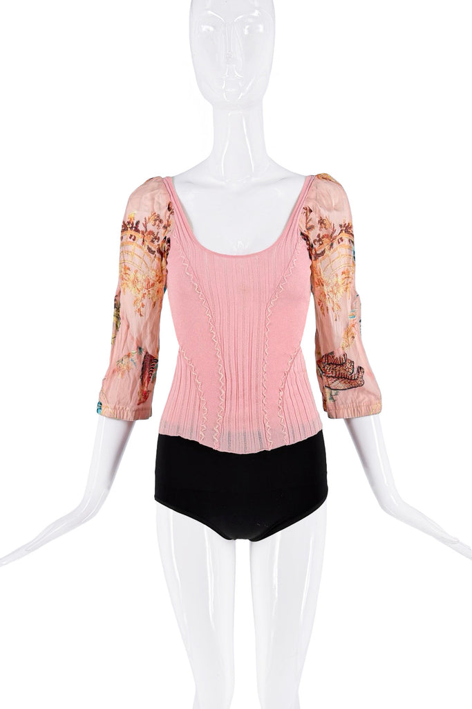 Roberto Cavalli Sheer Pink Floral Rooster Graphic Print Ribbed Top