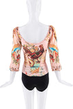 Roberto Cavalli Sheer Pink Floral Rooster Graphic Print Ribbed Top