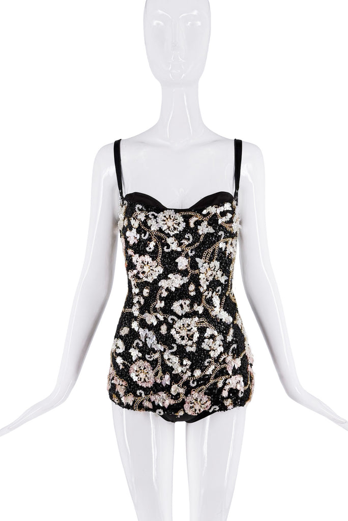 Dolce & Gabbana Black White Beaded Crystal Flowers Exposed Bra Open Back Tank Top FW1999