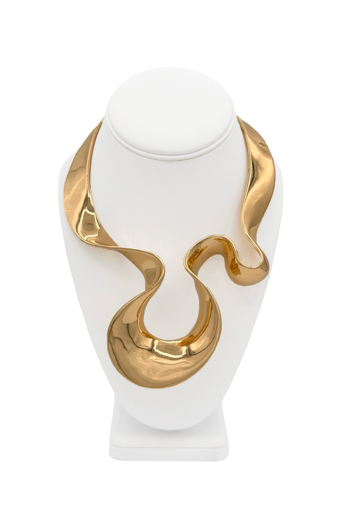 Vintage Gold Metal Swirl Abstract U Pendant Collar Necklace