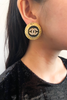 Chanel Button Black & Gold Basketweave & Rhinestone Logo Earrings