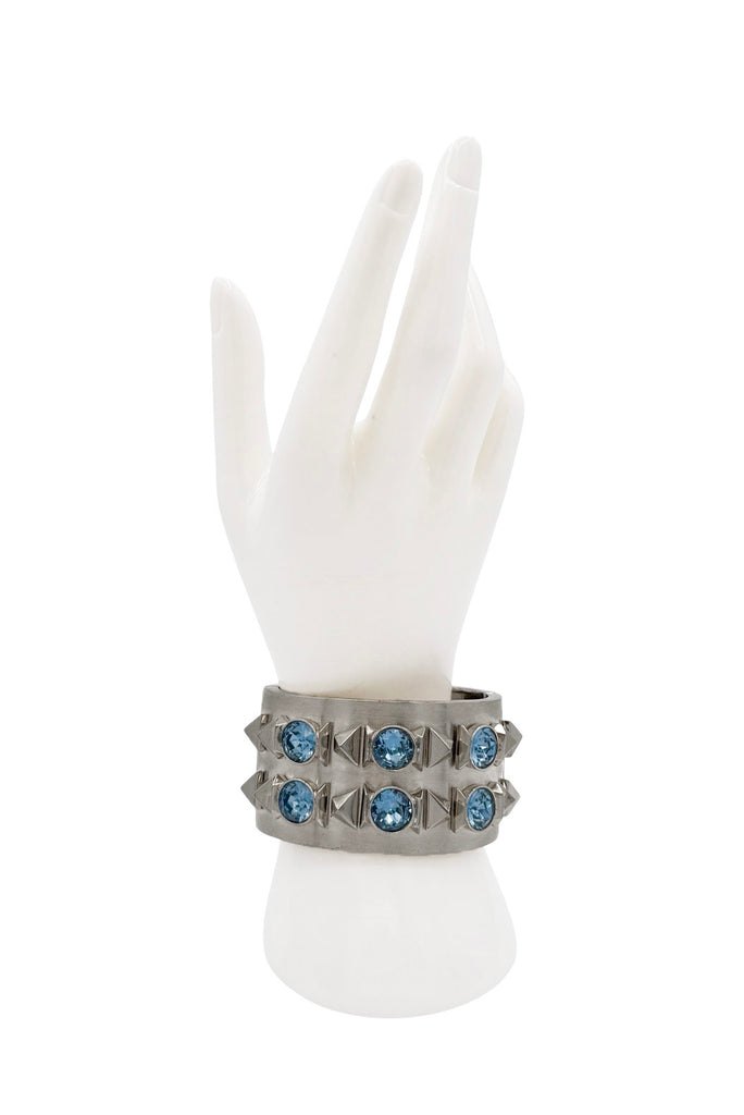 Givenchy Silver Blue Gemstone Pyramid Geometric Stud Wide Cuff Bracelet