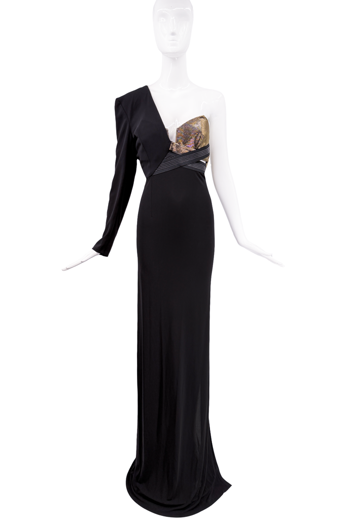 Anthony Vaccarello Black One Shoulder Gold Bustier Dress Gown