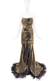 Roberto Cavalli Gold Bustier Floral Embroidered Ruched Feather Corset Dress Gown 2006