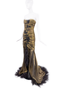 Roberto Cavalli Gold Bustier Floral Embroidered Ruched Feather Corset Dress Gown 2006