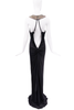 Roberto Cavalli Black Iridescent Gemstone Color Ruched Open Back Dress Gown