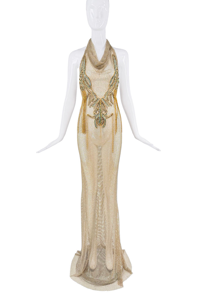 Genny Italy Gold Mesh Chain Embroidered Beaded Cowl Neck Open Back Dress Gown