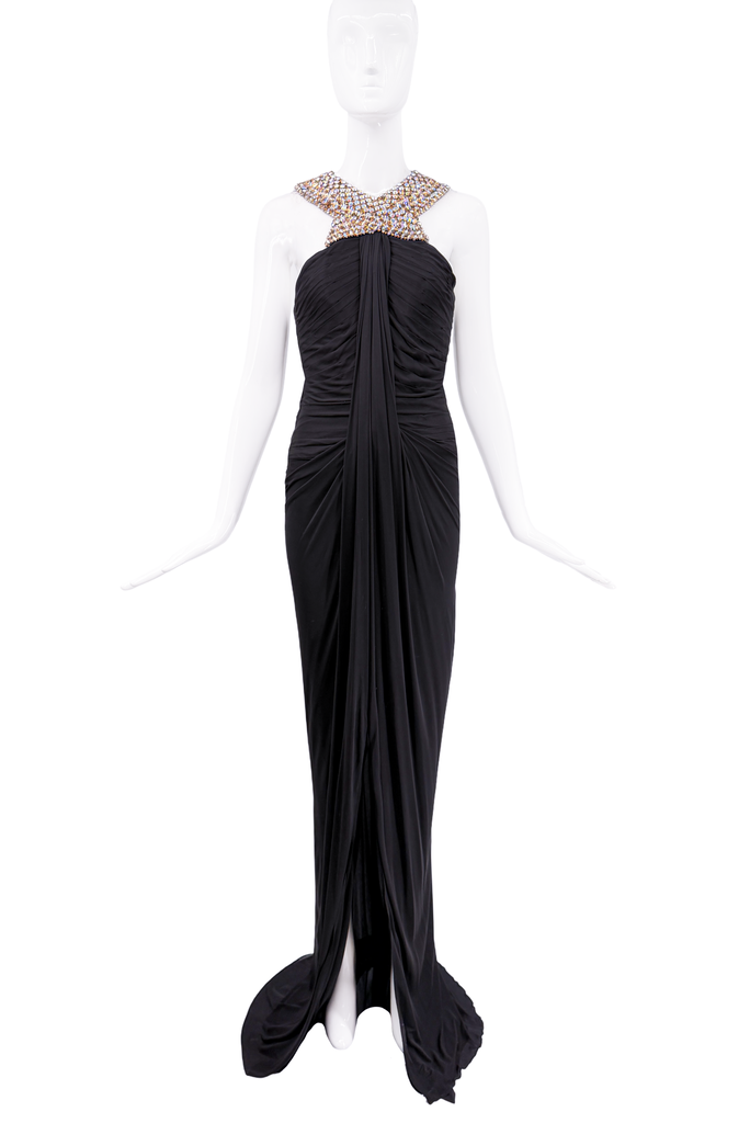 Roberto Cavalli Black Iridescent Gemstone Color Ruched Open Back Dress Gown