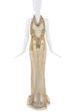 Genny Italy Gold Mesh Chain Embroidered Beaded Cowl Neck Open Back Dress Gown