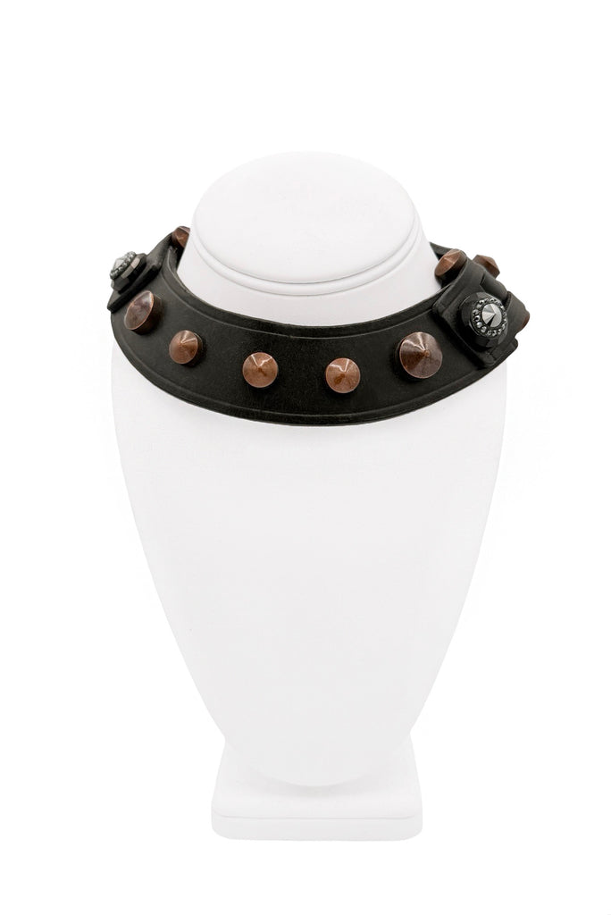 Lanvin Black Copper Gemstone Leather Studded Collar Necklace