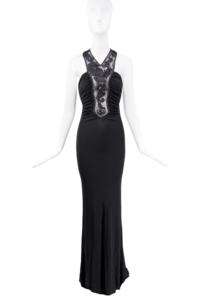 Roberto Cavalli Black Sheer Floral Embroidered Ruche Dress Gown 2006