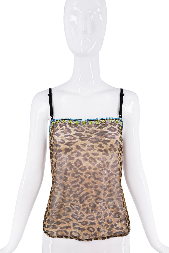 Dolce & Gabbana Brown Sheer Leopard Print Green Blue Sequin Trim Tank Top