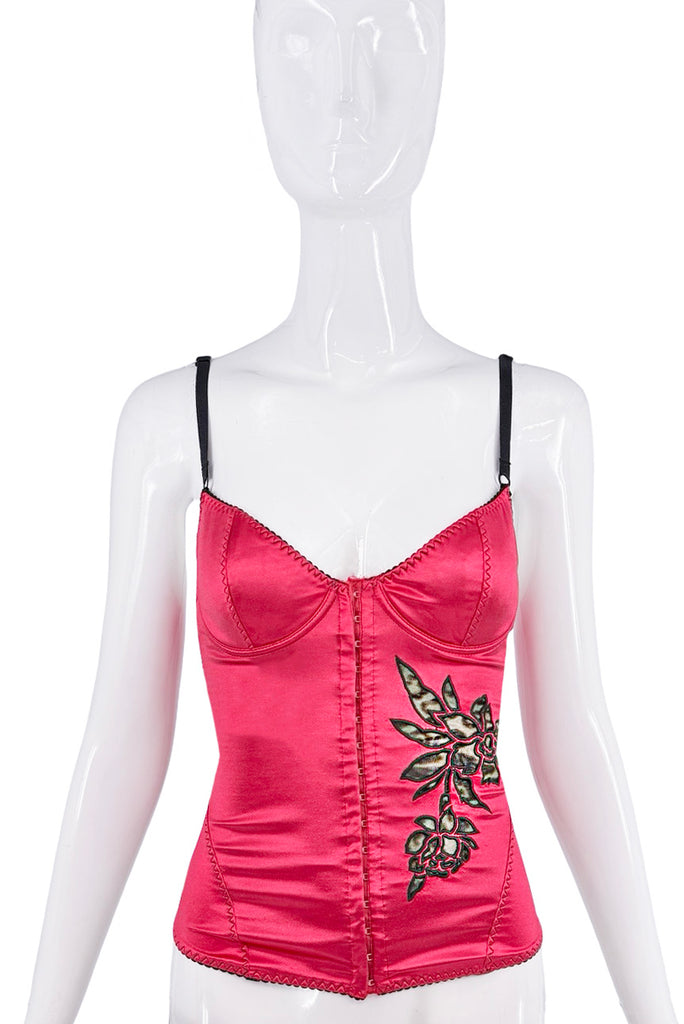 Roberto Cavalli Hot Pink Leopard Flower Cut Out Corset Bustier Top