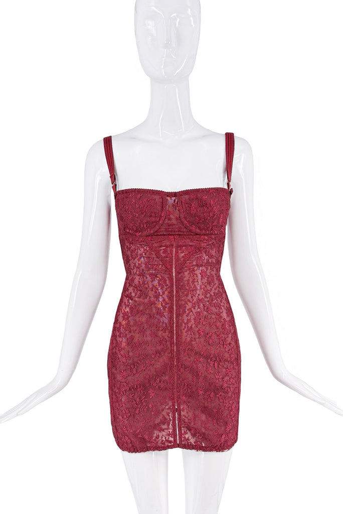 Burberry Red Maroon Floral Lace Sheer Bustier Mini Dress