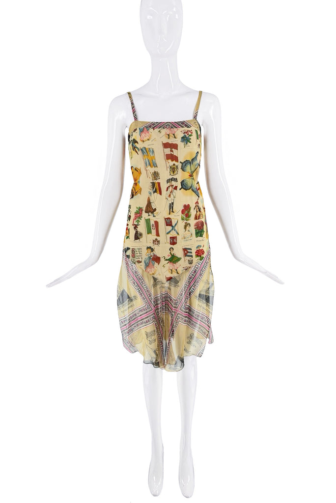 Christian Dior x Galliano Tan Butterfly Flags Print Drop Waist Slip Dress