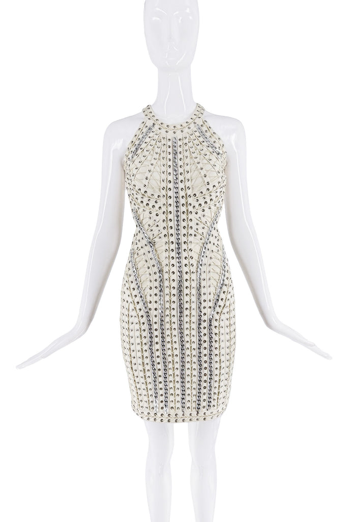 Herve Lager White Silver Chain Bodycon Halter Neck Dress