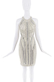 Herve Lager White Silver Chain Bodycon Halter Neck Dress