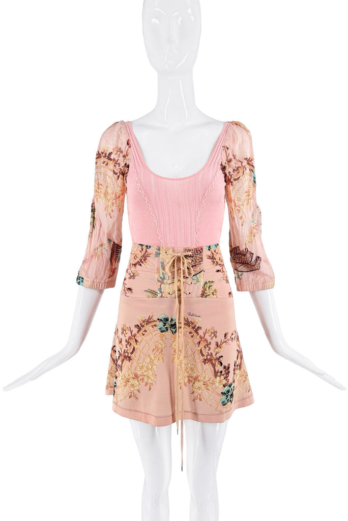 Roberto Cavalli Pink Floral Rooster Graphic Print Lace Up Dress Set