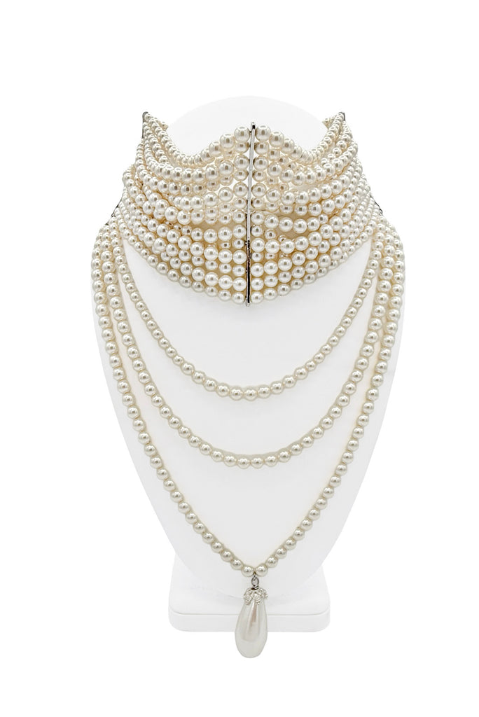 Christian Dior Style Silver Pearl Maasai Long Draped Choker Necklace