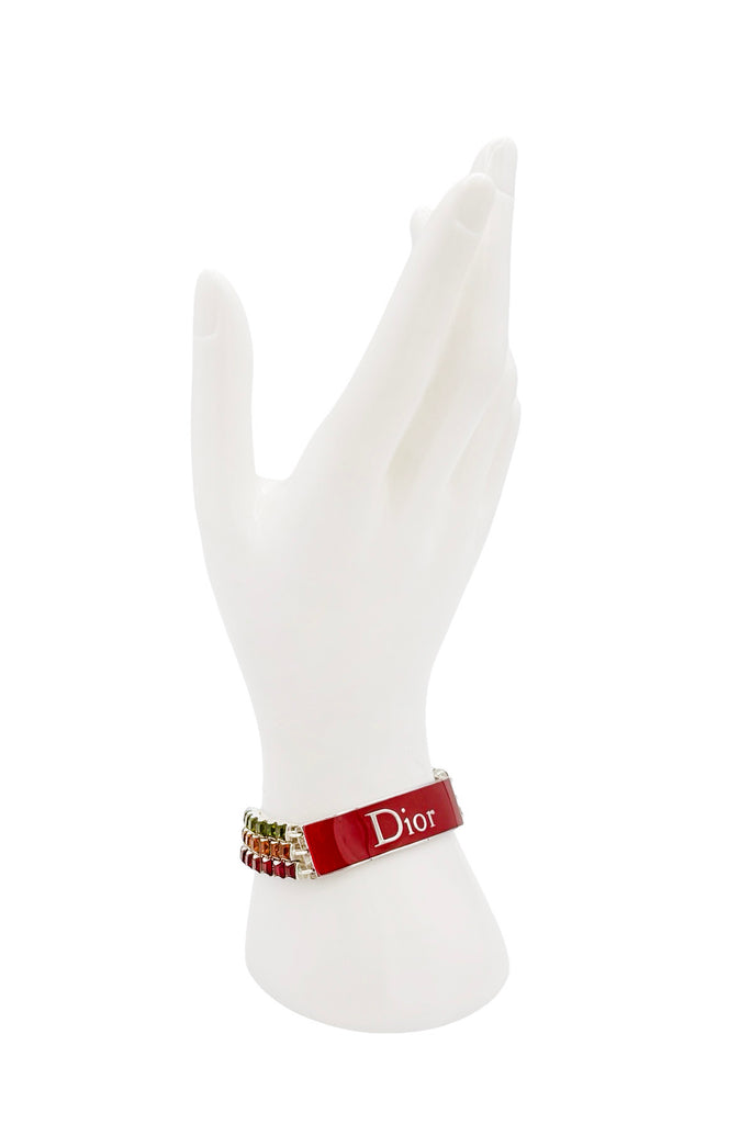 Christian Dior x Galliano Silver Red Green Orange Rastafari Gemstone Chain Logo Plate Bracelet