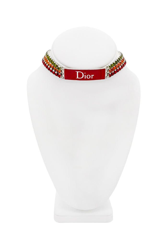 Christian Dior x Galliano Silver Red Green Orange Rastafari Gemstone Chain Logo Plate Choker Necklace