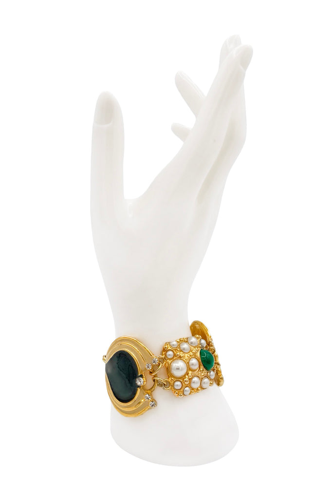 Vintage Gold Green Gemstone Pearl Embellished Link Bracelet