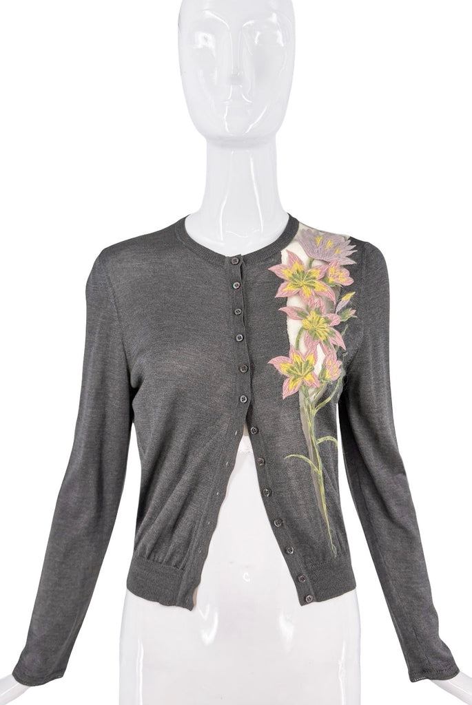 John Galliano Grey Pink Green Cut Out Floral Embroidered Button Down Cardigan Sweater