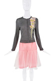 John Galliano Grey Pink Green Cut Out Floral Embroidered Button Down Cardigan Sweater