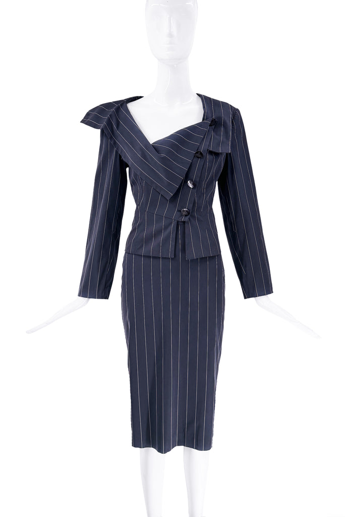 Vivienne Westwood Navy Blue Pinstripe Blazer & Skirt Set Worn by Carrie Bradshaw Drunk At Vogue