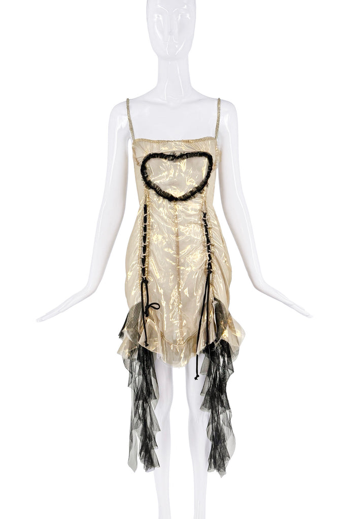 Amor Mia Gold Black Sheer Mirrored Shimmer Heart Lace Ruffle Mini Dress