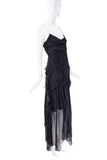 Christian Dior Black Ruffle Draped Ruched Chiffon Slip Dress Gown Runway 2004