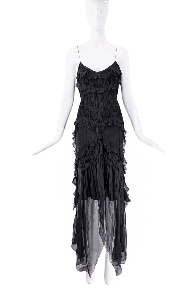 Christian Dior Black Ruffle Draped Ruched Chiffon Slip Dress Gown Runway 2004