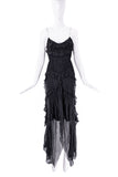 Christian Dior Black Ruffle Draped Ruched Chiffon Slip Dress Gown Runway 2004