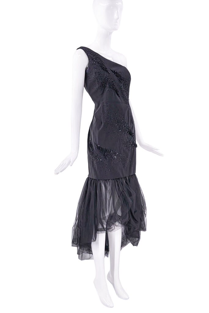 Nina Ricci Black Sequin Embellished One Shoulder Tulle Gown