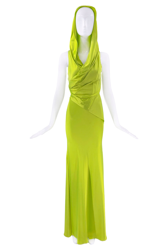 Halpern Neon Green Hooded Dress Gown