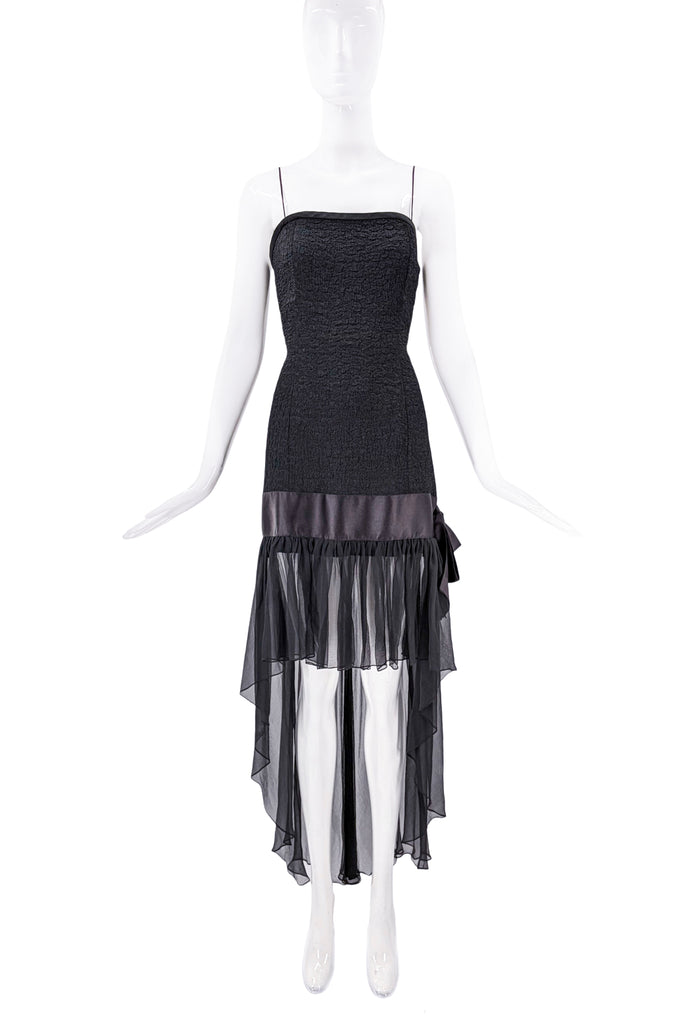 Saint Laurent Black Textural Mesh Waterfall Bow Dress