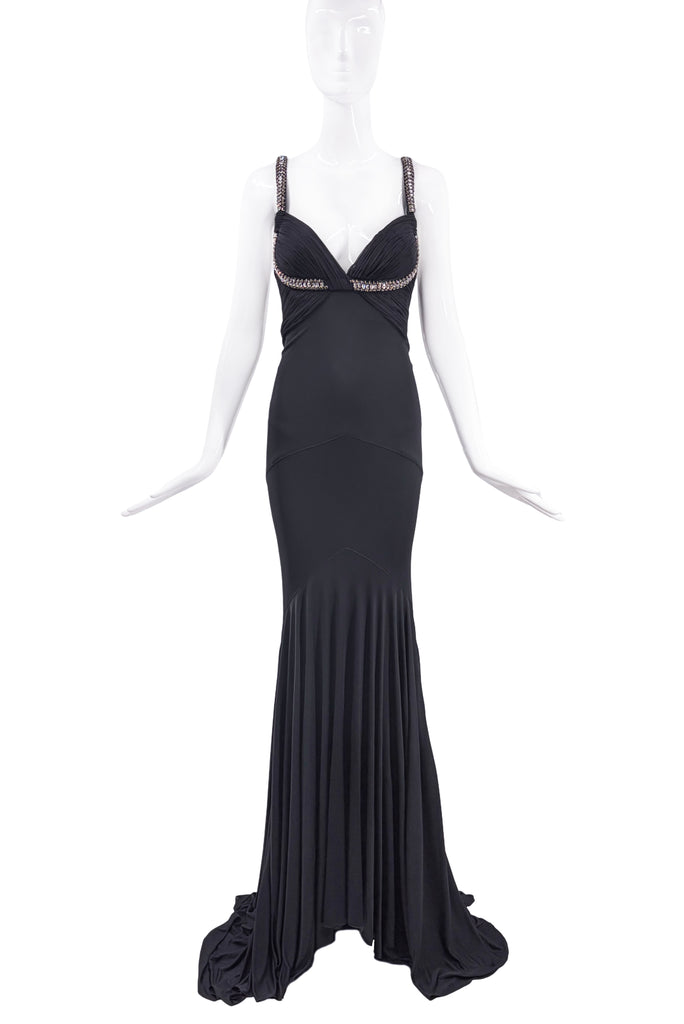 Roberto Cavalli Black Crystal Bias Cut Pleated Gown