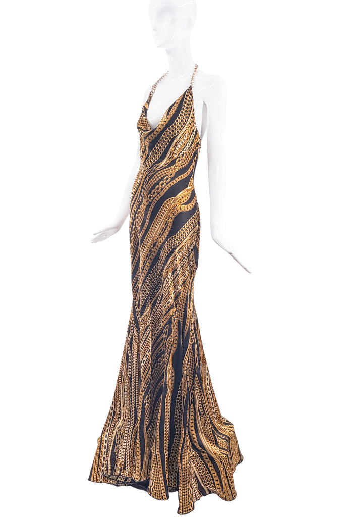 Roberto Cavalli Black & Gold Chain Print Gown
