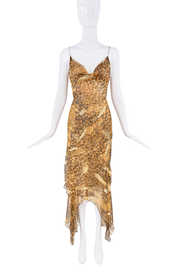 Christian Dior x Galliano Brown Leopard Print Sheer Bias Cut Slip Dress Gown