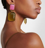 Saint Laurent Pink Lime Green Gold Square Gem Stone Earrings
