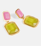 Saint Laurent Pink Lime Green Gold Square Gem Stone Earrings