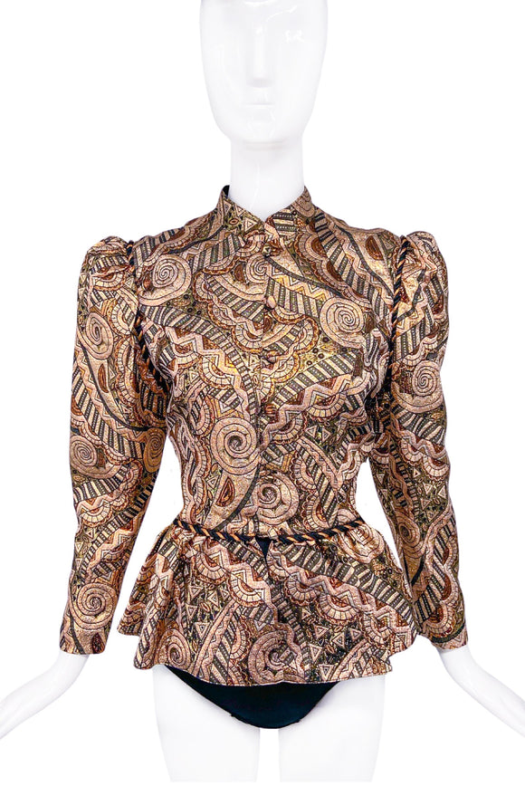 Oleg Cassini Gold Geometric Lurex Print Peplum Jacket