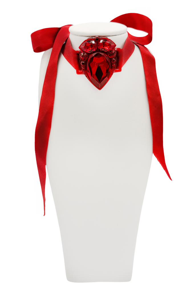 Christian Dior x Galliano Red Lucite Logo Ribbon Collar Necklace
