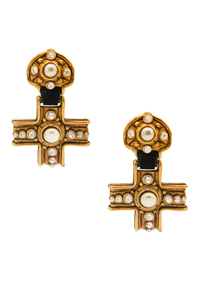 Jacky de G Paris Gold Pearl Embellished Cross Drop Earrings