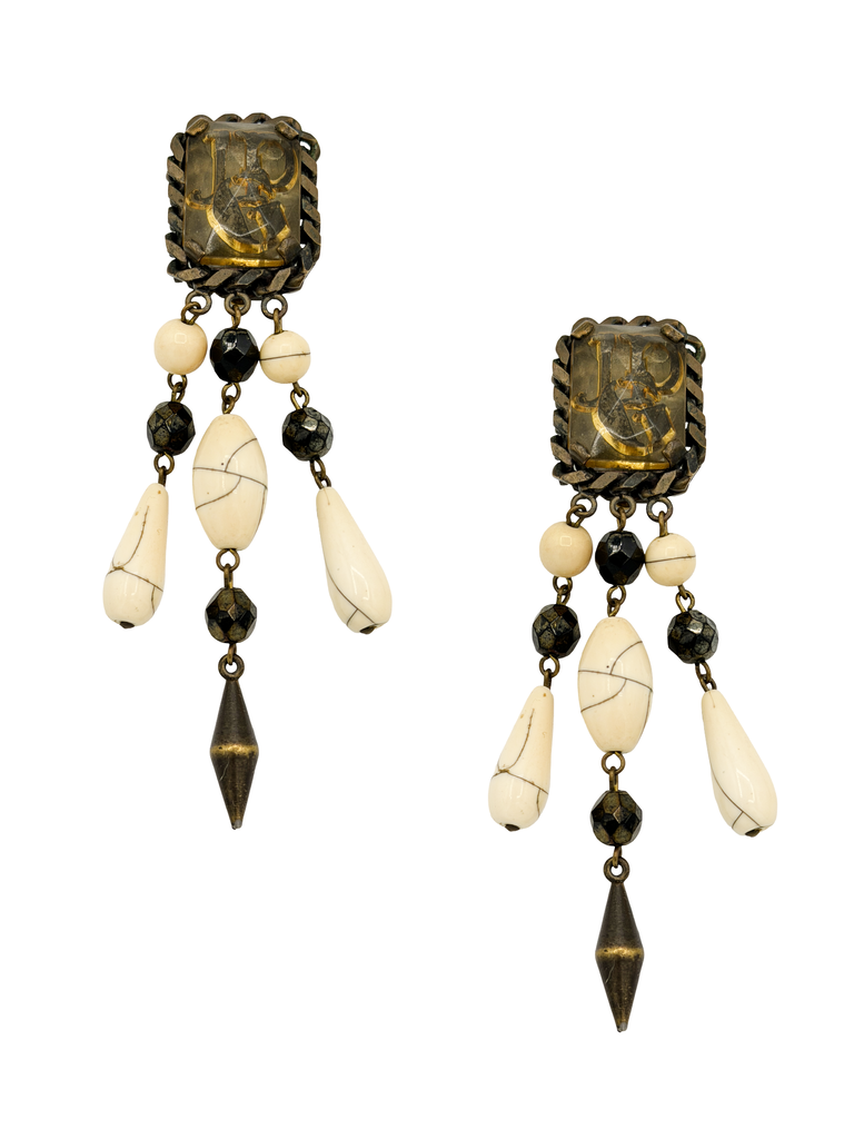 Jean Paul Gaultier Bronze Howlite Onyx Bead Resin Logo Drop Earrings