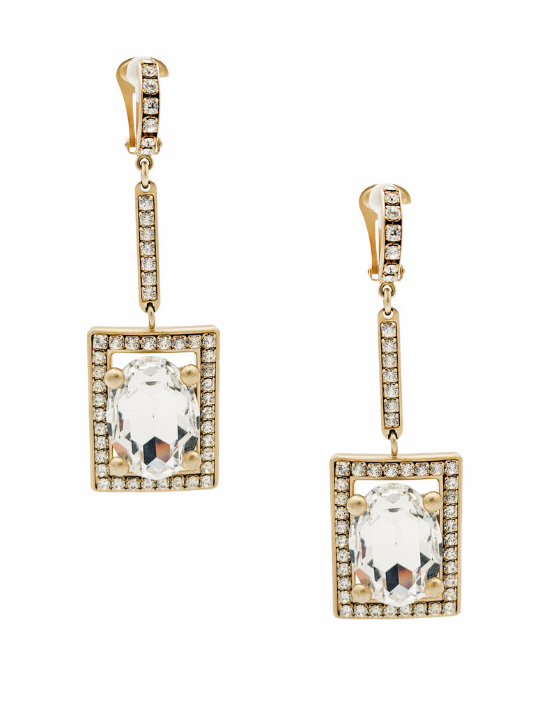 Valentino Gold Crystal Rhinestone Frame Drop Earrings