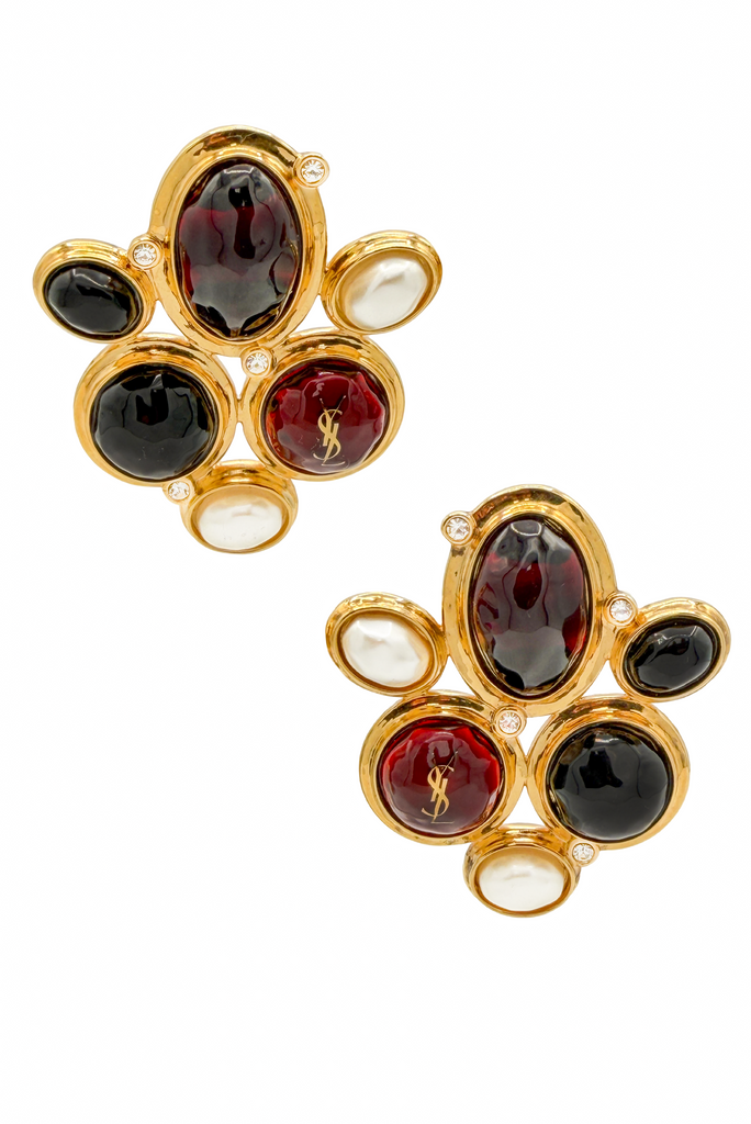 Saint Laurent Gold B lack Red Resin Pearl Cluster Logo Earrings