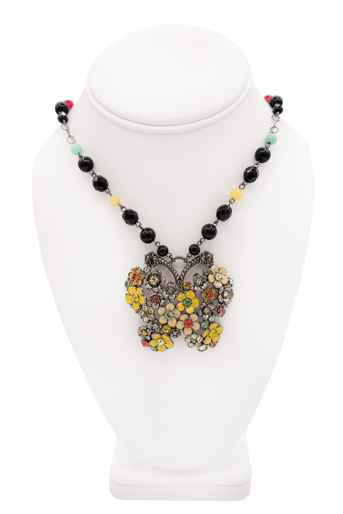 Anna Sui Silver Yellow Red Multicolor Beaded Chain Flower Butterfly Pendant Necklace