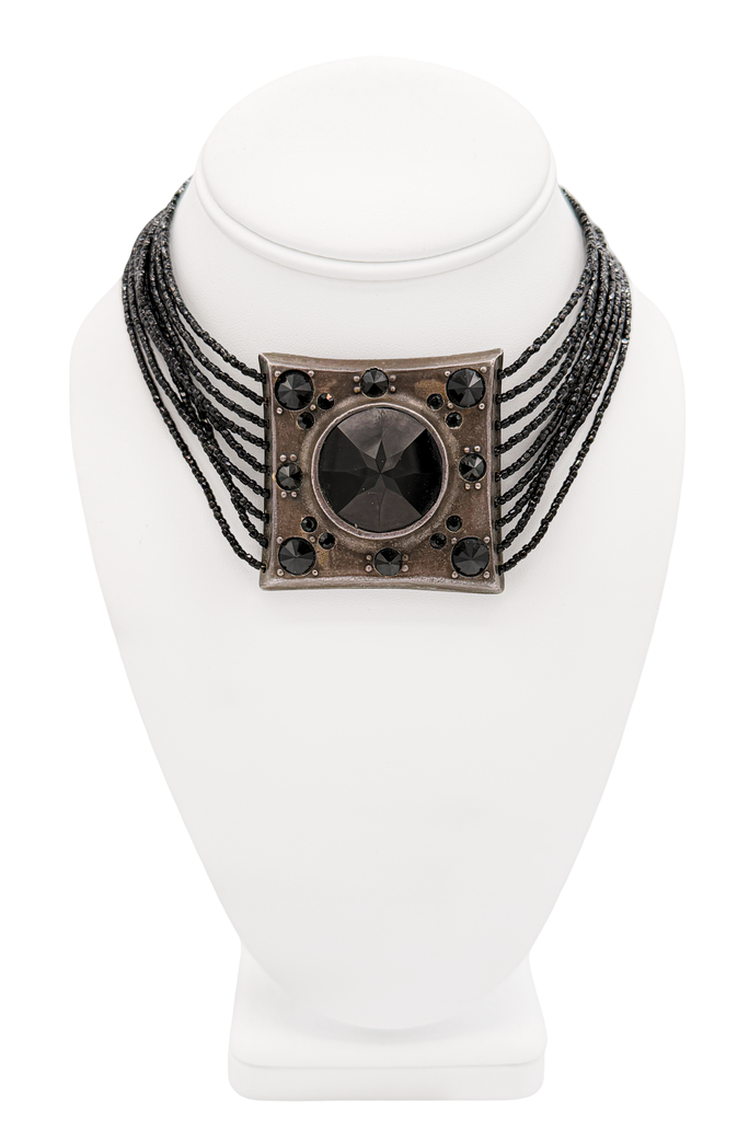 Jean Paul Gaultier Black Bead Crystal Square Pendant Choker Necklace