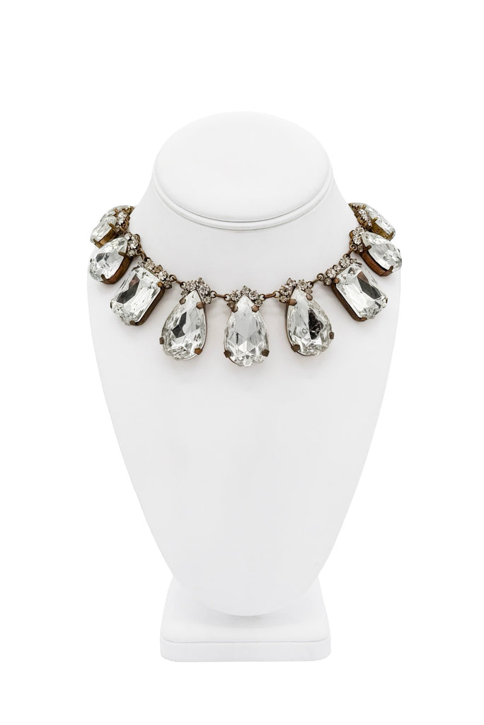 Vintage Silver Brass Crystal Cluster Geometric Rhinestone Statement Necklace
